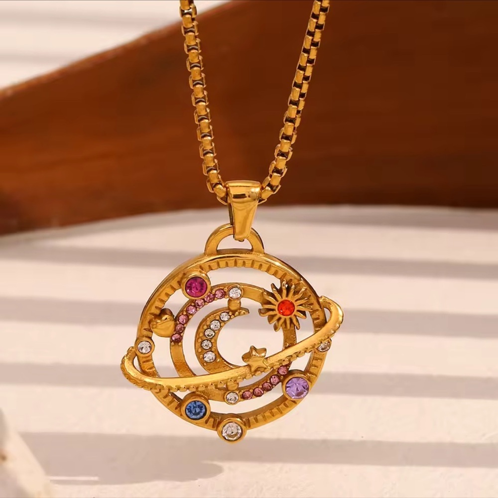 NEW 18K Gold Plated Moon Star Planet Necklace Stainless Steel